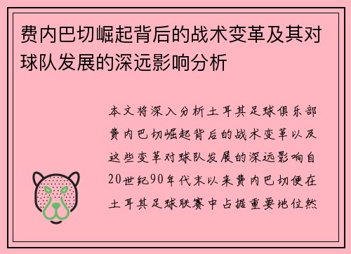 费内巴切崛起背后的战术变革及其对球队发展的深远影响分析